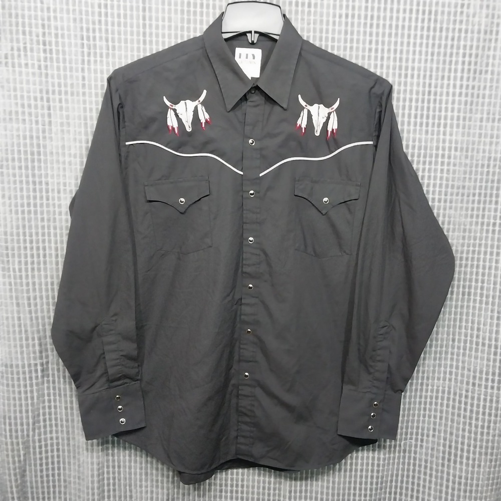 Ely Cattleman Western Snap Shirt Mens Embroidered Steer Skull Large Black